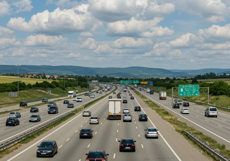 Heavy traffic flows steadily on the Croatian A1 motorway under a partly cloudy midday sky. Cars and trucks occupy multiple lanes on the dry asphalt, stretching into the distance. The scene captures the typical summer travel period on a major highway, with the central Croatian landscape of green rolling hills visible in the background. Overhead gantry signs and roadside infrastructure are present, indicating a busy but organized transport route.