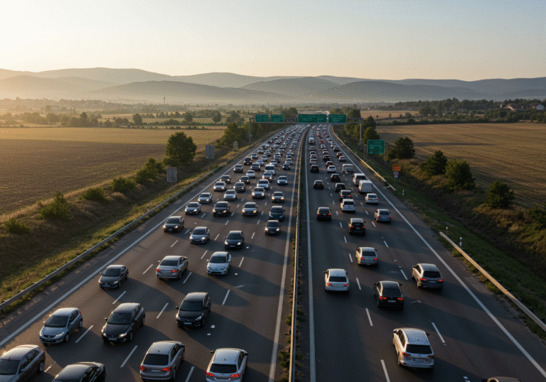 Early morning on the A1 highway in Croatia, southbound towards Dubrovnik, showing severe traffic congestion. Multiple lanes of vehicles are packed bumper-to-bumper, either moving at a crawl or completely stopped on the asphalt. The scene is located between the Karlovac and Bosiljevo 2 interchanges. The rising sun illuminates the highway with a clear, bright light, casting subtle long shadows from the cars. The surrounding Croatian landscape of rolling hills and fields is visible under a clear sky. Some brake lights are illuminated along the long lines of cars.
