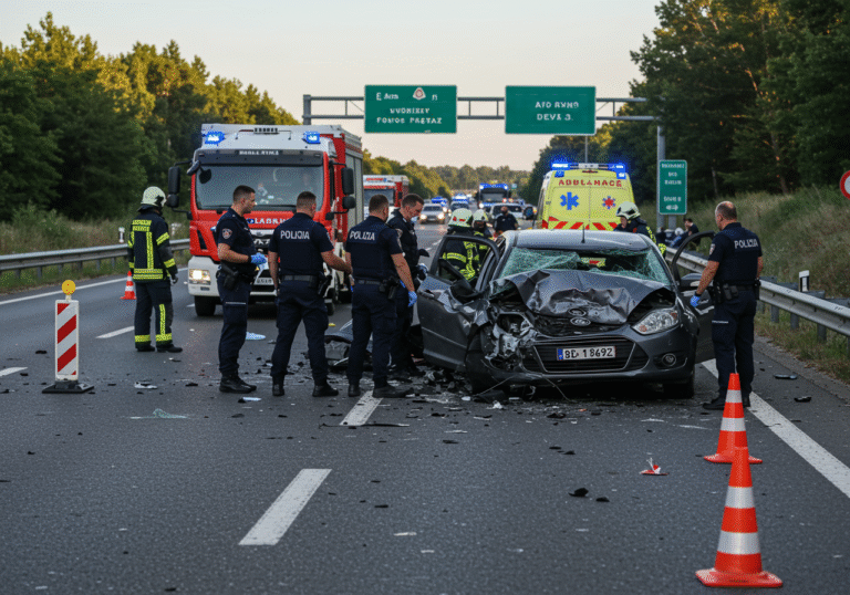 The aftermath of a severe traffic collision on the A3 highway in Croatia, specifically between Okučani and Novska, around 10 AM on August 1, 2025. Severely damaged passenger vehicles, including a Ford, with twisted metal and scattered debris on the asphalt lanes. Croatian police officers from the Sisak-Moslavina County Police Administration are actively conducting an investigation, appearing somber and focused. Firefighters from DVD Okučani in their protective gear are present at the scene. Emergency medical personnel and an ambulance are also visible. Official police vehicles, fire trucks, and an ambulance with flashing blue lights are parked on the closed highway. Traffic cones and temporary barriers are set up, diverting traffic. The scene is illuminated by clear morning daylight.