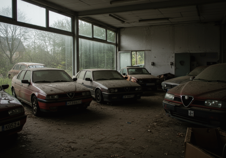 Interior of an abandoned authorized Alfa Romeo car showroom deep in rural Belgium, appearing as a time capsule untouched for decades. Dust lies thick on the showroom floor and covers pristine, never-driven Alfa Romeo models from the early 1990s. Prominently displayed are an Alfa 155, a rare Alfa 33 Quadrifoglio Verde (QV), and an Alfa 156 GTA with French license plates. Dim, diffused natural light filters through large, grimy windows, illuminating the vehicles and casting long shadows. Outside, partially visible through the dirty glass, a severely rusted Alfa 156 is parked amidst overgrown weeds and neglected grounds, reflecting the long-term abandonment of the property. The overall scene conveys a melancholic sense of a forgotten legacy, under overcast daylight conditions.