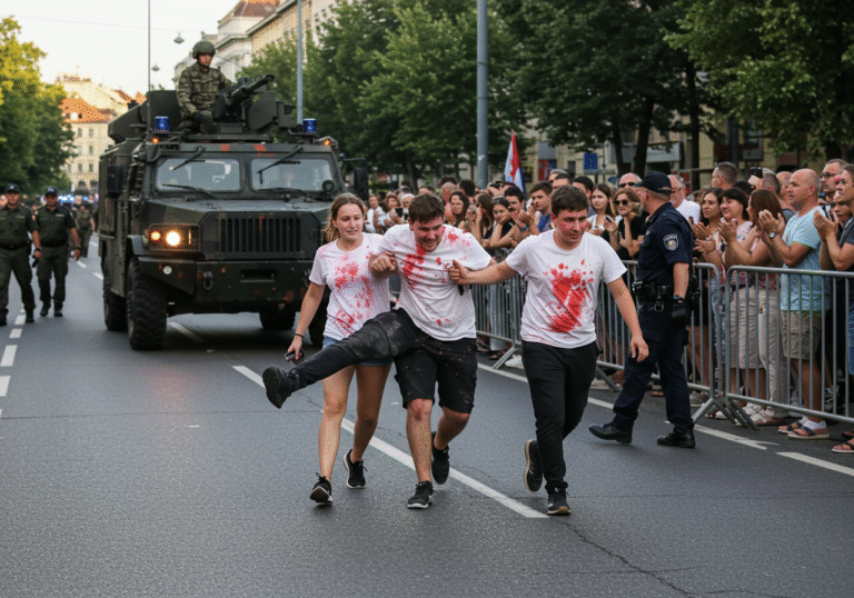 A wide shot capturing the morning light of July 31, 2025, on Vukovar Street in Zagreb, Croatia, during the motorized section of a military parade celebrating the 30th anniversary of Operation Storm. Four young activists, wearing white shirts conspicuously stained with red dye, are being firmly but quickly removed from the parade route by Croatian soldiers in uniform. One activist is being lifted or guided away from the path of an approaching military vehicle, visible in the background. A metal protective fence is visible nearby, indicating where they crossed. Onlookers in the crowd lining the street show mixed reactions; some citizens are seen applauding the soldiers, while others express visible disapproval. Croatian police officers are present and ready to take custody of the activists. The scene is dynamic, capturing the precise moment of intervention that briefly disrupted the large-scale public event.