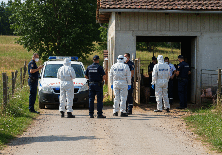 Croatian veterinary service personnel and local civil protection members, dressed in protective suits and uniforms, are standing at the entrance of a pig farm in Jagodnjak municipality, Osječko-baranjska County, eastern Croatia. They are observing the implementation of newly established restrictive zone measures following African Swine Fever outbreaks. A marked official vehicle, likely a white van or SUV, with subtle Croatian government insignia, is parked on the unpaved road adjacent to the farm. The scene is illuminated by bright natural daylight, characteristic of a mid-July afternoon in a rural Croatian landscape.