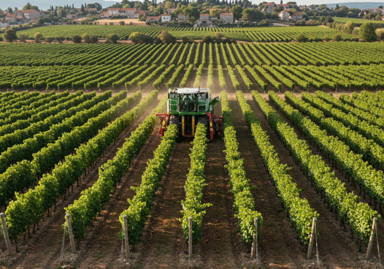 A wide, sunlit editorial view of a modern self-propelled grape harvester actively working through rows of vibrant green grapevines in an expansive vineyard near Poreč, Istria, Croatia. In the foreground, a new agricultural tractor with vineyard attachments is parked or moving slowly. The bright summer sky and detailed landscape highlight agricultural modernization in the Croatian countryside.