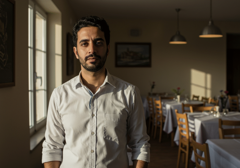 Ahmed Al Rahim, a man with a contemplative expression, stands in the dining area of his restaurant 'Grizzly' in Veli Lošinj, Croatia. He wears a practical, clean, professional shirt or a light chef's jacket. Warm, golden hour light from a nearby window illuminates his face, casting soft shadows. In the background, well-arranged but currently empty tables and chairs suggest a quiet moment before or after a service, subtly hinting at the broader challenges faced by the Croatian hospitality sector. His posture and gaze reflect the deep commitment to his new life as a successful restaurateur, far from his acting past.
