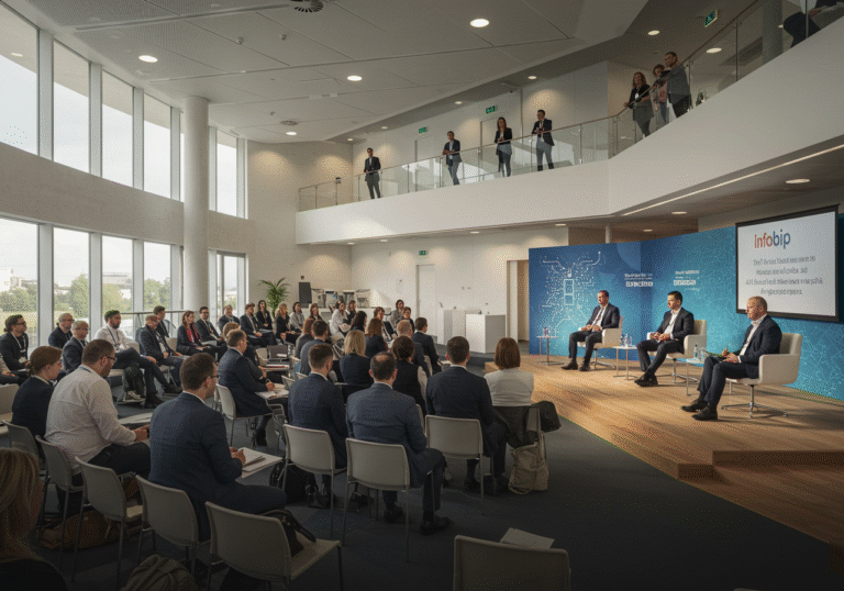 A wide-angle, realistic photo of an international conference happening inside the modern Infobip campus in Zagreb, Croatia. A diverse group of business professionals and academics are gathered, with some seated in an audience and others on a stage participating in a panel discussion. The space features contemporary Croatian architectural elements and large windows letting in natural daylight, creating a bright and professional atmosphere. Attendees are engaged, some listening intently, others in conversation, reflecting discussions about the implementation of artificial intelligence in businesses.