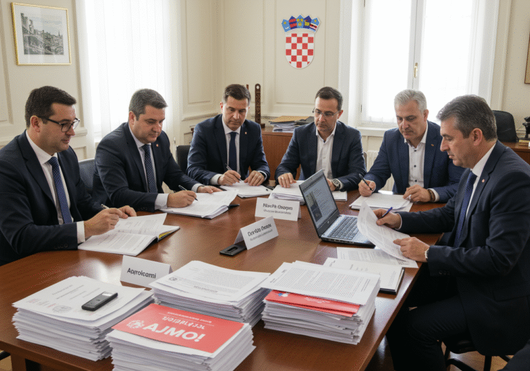 A group of Croatian officials, dressed in professional attire, are seated around a large table in a well-lit government office in Croatia. They are diligently reviewing stacks of paper applications and looking at a laptop, representing the project 'AJMO!'. Numerous physical files are spread across the table, indicating a high volume of submissions. The atmosphere is focused and serious, illuminated by natural daylight filtering through large windows.