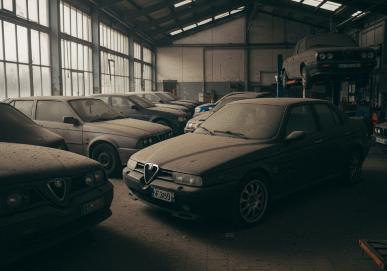 Inside an abandoned Alfa Romeo car dealership showroom in Belgium, a large collection of classic and modern cars sits under a thick layer of dust. Dim light filters through grimy windows, illuminating the dusty air and the forgotten vehicles. In the foreground, a remarkably preserved, never-driven Alfa Romeo 155 with distinctive alloy wheels is parked alongside an Alfa Romeo 156 GTA, its French registration plates visible. Further back, a dusty Alfa Romeo 33 Quadrifoglio Verde and an Alfa Romeo 166 with a 3.0 V6 Busso engine are visible, surrounded by other cars like a BMW E30 'Kockica'. In the service area, an Alfa GTV rests on a lift. The scene is quiet, conveying a sense of time stopped and a valuable collection frozen in history.