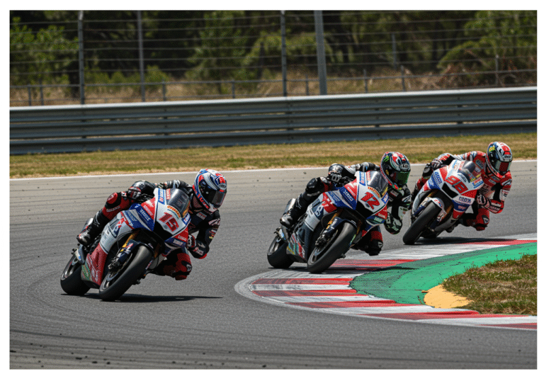 Dynamic editorial photograph capturing elite regional motorcyclists, including top Croatian riders, intensely cornering at high speed on the asphalt track at Automotodrom Grobnik in Croatia. It's a bright, sunny day in August, with the trackside environment showing typical race circuit features and a slight motion blur on the background to emphasize speed. Riders are in full professional racing gear, their motorcycles displaying various sponsor decals. The atmosphere is competitive and focused, reflecting the intensity of an Alpe Adria IMC Championship race.