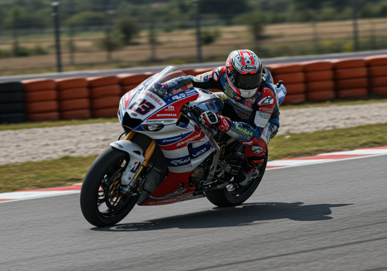 A professional motorcycle racer, in a vibrant racing suit and full-face helmet, leans sharply into a corner on the asphalt track of Automotodrom Grobnik in Grobničko Polje, Croatia, during the 87th Alpe Adria International Motorcycle Championship. The bright morning sunlight illuminates the scene, highlighting the detailed sponsor logos on the motorcycle and suit. The background shows the blur of speed from other competing motorcycles and the distinctive landscape of Grobnik Polje under a clear sky, capturing the high-octane atmosphere of an international motorcycle race event.