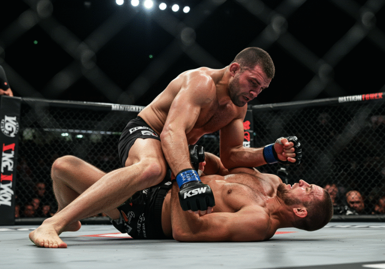 A wide-angle, low-angle shot of two professional MMA fighters, Croatian Andi Vrtačić and Polish Michal Michalski, intensely engaged in a ground fight inside the octagon during KSW 109 in Warsaw, Poland. Michal Michalski, sweat-soaked and visibly fatigued but maintaining determined control, is on top of Andi Vrtačić, who is on his back, attempting to defend and escape. Both fighters' muscles are strained, their faces showing the physical toll of three gruelling rounds. Bright, powerful arena lights overhead illuminate the octagon, casting strong shadows. The blurred, dark outline of a large, excited crowd fills the background. The scene is from the late evening of August 9, 2025.