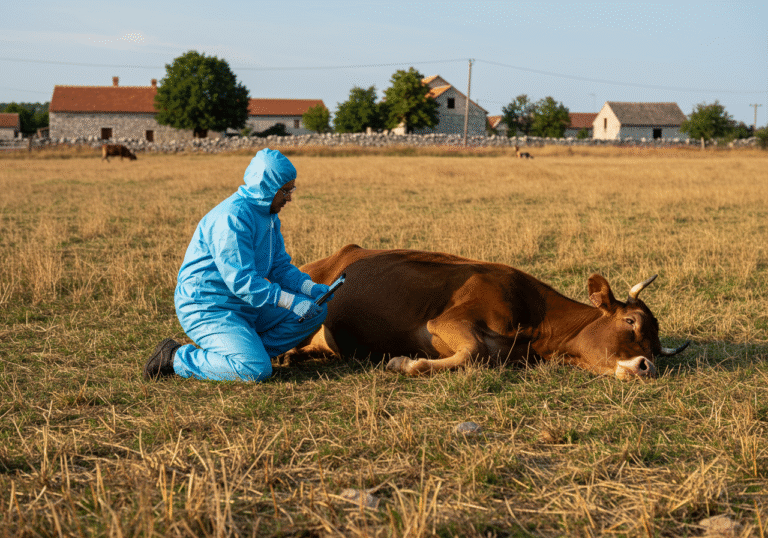 A Croatian veterinarian wearing a blue protective suit and gloves kneels beside a deceased brown cow lying still on dry, sun-drenched grass in a rural pasture. The veterinarian is carefully examining the animal, with a serious and focused expression. In the background, typical stone walls and sparse traditional farm buildings are visible under a clear summer sky, characteristic of the agricultural landscape in the Šibensko-kninska županija region of Croatia.