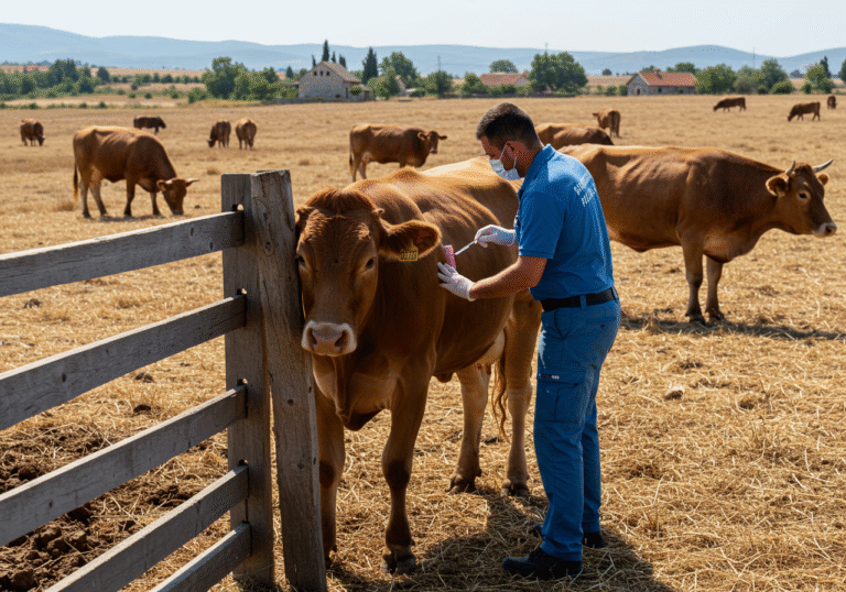 A Croatian veterinarian, wearing a light blue official uniform and medical gloves, meticulously administers a vaccine to a large brown cattle in a rustic wooden fenced pasture. The setting is a dry, sun-drenched rural landscape in Šibenik-Knin County, Croatia, typical of a summer day in July 2025. Other cattle graze calmly in the background, and distant low hills or traditional Croatian farm buildings are visible under a clear, bright sky, emphasizing the ongoing efforts to control the anthrax outbreak.