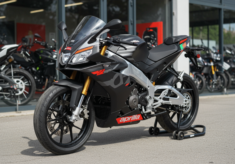 A brand new Aprilia RS 125 GP Replica motorcycle, featuring official 2025 Aprilia RS-GP MotoGP racing livery, displayed prominently under natural daylight in an Aprilia dealership in Croatia. The motorcycle's sleek fairings and visible matte black finish on its cast aluminum beam frame and rear swingarm are highlighted. The scene is clean and professional, showcasing the bike as a premier new offering in an editorial style.