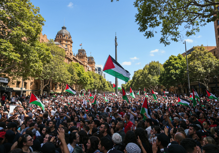 A large, energetic pro-Palestinian rally in a public square in Sydney, Australia. Hundreds of people are gathered under a clear blue sky, some raising their hands. The scene conveys strong public engagement and domestic pressure. Daytime, photojournalistic, wide shot.