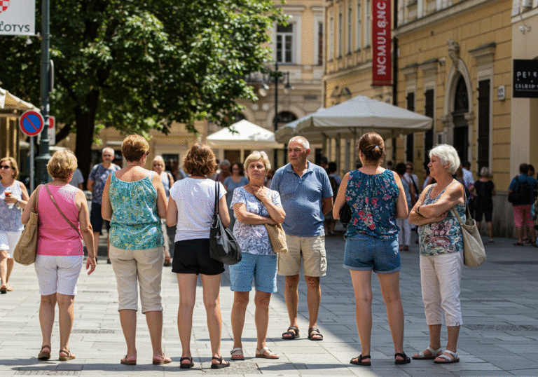 A candid street scene on a warm, sunny late July day in Zagreb, Croatia. Diverse Croatian citizens, dressed in light summer clothing, are present on a bustling pedestrian area. Some individuals appear to be pausing and conversing, their expressions thoughtful or engaged, reflecting a public discussion. The background features typical Zagreb architecture under clear skies.