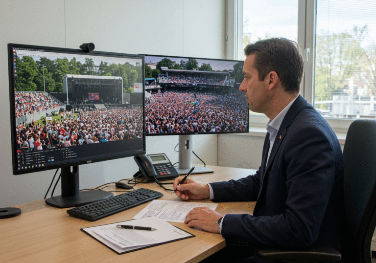 An Austrian federal investigator, dressed in a sharp business suit, sits in a well-lit, modern office. On a large monitor, a high-resolution still image from an outdoor concert on a sunny July 5, 2025, at Hipodrom in Zagreb, Croatia, is displayed, showing a large, diverse crowd. The investigator intently examines a specific detail within the image, reflecting the ongoing review of evidence concerning violations of Austrian laws regarding prohibited symbols. A professional file folder and a pen are positioned on the desk, underscoring the diligent investigative process. Natural daylight fills the office space.