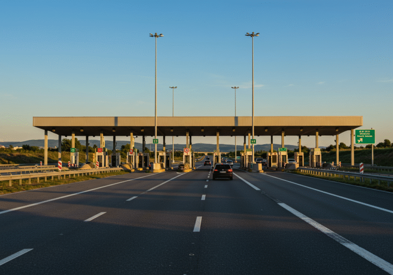 Late afternoon sun casts warm light across the multi-lane Lučko toll plaza on the A1 highway near Zagreb, Croatia. Passenger vehicles are passing smoothly through the open toll booths, with no visible queues or congestion in any of the lanes heading towards Zagreb. The asphalt road surface is dry and clear under a bright, cloudless blue sky. In the background, typical green Croatian hills are visible under the warm, late summer light, reflecting a calm and unimpeded traffic flow.