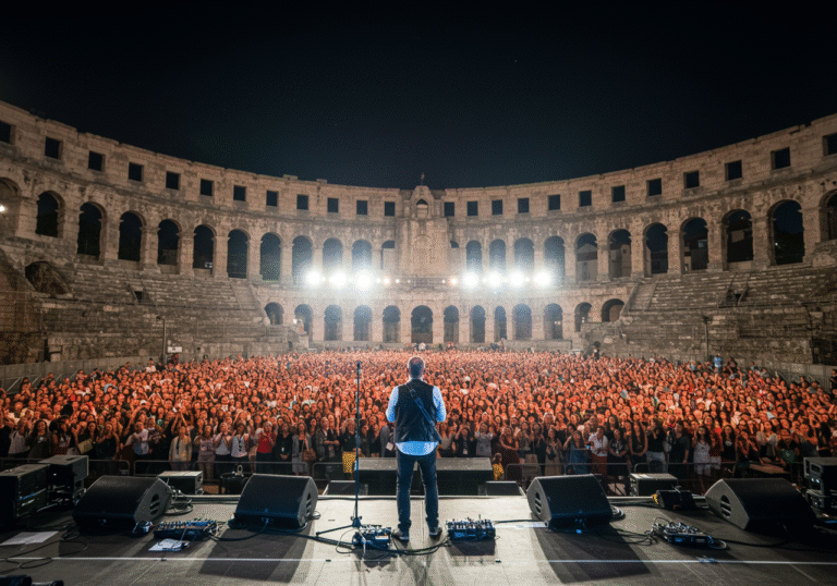 Momčilo Bajagić-Bajaga, lead singer of Bajaga & Instruktori, performs on stage under vibrant spotlights at the sold-out Malo rimsko kazalište (Small Roman Theatre) in Pula, Croatia, on an August evening. The ancient Roman amphitheater is filled with a large, diverse international audience from over 20 countries, their faces illuminated by the stage glow, cheering enthusiastically. The atmosphere is energetic, highlighting the band's widespread appeal and the significance of Pula as a major concert venue.