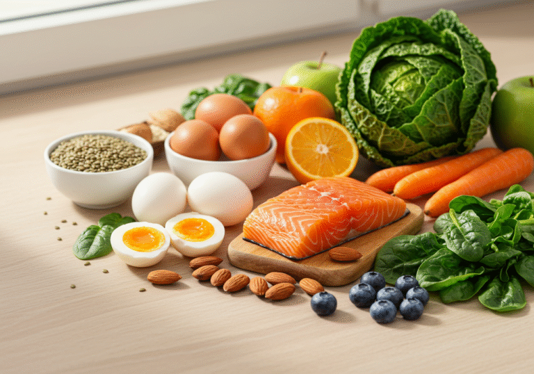 A well-lit, editorial-style flat lay photograph on a light wooden table, showcasing a selection of foods beneficial for eye health. Prominently featured are a fresh salmon fillet, a small bowl of hard-boiled eggs, and a scattering of raw almonds. Surrounding these are an assortment of brightly colored whole fruits and vegetables, including vibrant green leafy spinach, orange carrots, and deep purple blueberries. Soft, natural daylight streams in from a nearby window, casting gentle shadows and highlighting the fresh textures and rich colors of the ingredients. The scene evokes a sense of wholesome nutrition and well-being.