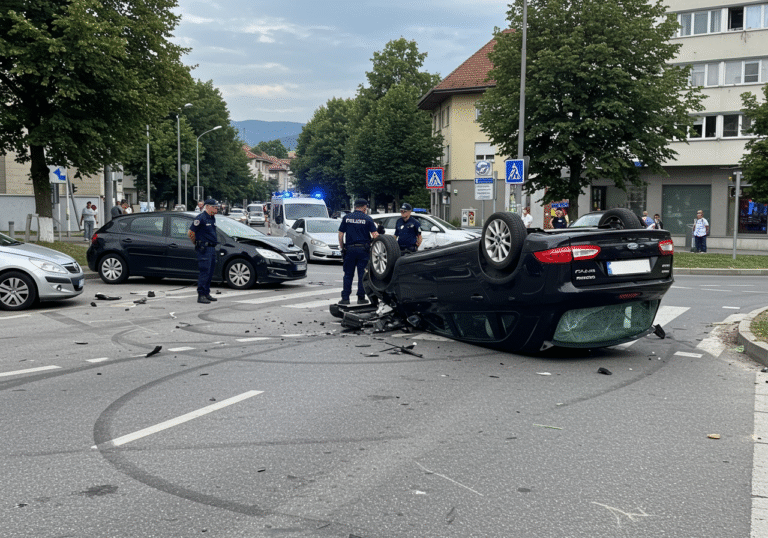 A wide, editorial shot of a severe traffic accident scene at the busy Štipaljka roundabout on Bulevar Cara Dušana, near the Gimnazija in Banja Luka, on a bright August day. A dark Ford car lies overturned on its roof, heavily damaged, resting precariously near a pedestrian crossing, with its undercarriage exposed and debris scattered around it. Adjacent to the Ford, a silver Opel car shows significant front-end damage from a collision. Further along the street, a parked black Peugeot and a dark Audi exhibit clear impact marks from being struck. Bosnian police officers in blue uniforms are meticulously conducting an investigation, examining the vehicles and marking the ground, with flashing blue lights from emergency vehicles visible in the background. A small crowd of concerned onlookers stands a safe distance away behind a police barrier, observing the dramatic aftermath. The asphalt road is scarred with tire marks and fluid stains under the clear Banja Luka sky.