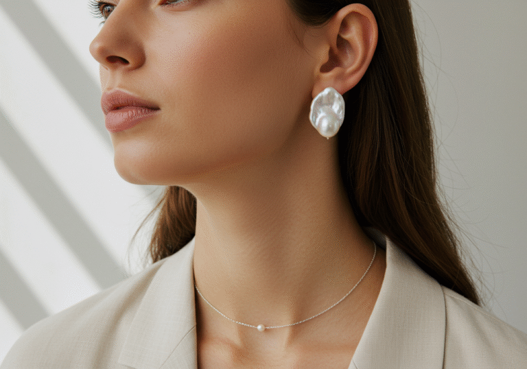A high-fashion editorial portrait of a sophisticated female model, close-up on her ear and neck, showcasing elegant baroque pearl earrings and a delicate necklace. The pearls exhibit their natural, asymmetrical, and uniquely imperfect shapes, catching the soft summer light. She wears a minimalist, light-colored outfit, suggesting summer 2025 fashion. The background is a clean, contemporary studio or a subtly blurred, chic urban setting, emphasizing modern luxury and authentic beauty.