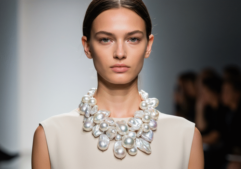 A female model on a brightly lit fashion runway, her gaze direct, showcasing a prominent necklace adorned with multiple clusters of large, uniquely shaped baroque pearls. The irregular, organic forms of the pearls are distinctly visible, reflecting a sophisticated and contemporary elegance. She is dressed in a minimalist, high-fashion garment that accentuates the jewelry. The lighting is crisp and even, characteristic of a professional fashion show for Spring/Summer 2025 collections, highlighting the pearls' natural luster against a sleek, modern background.