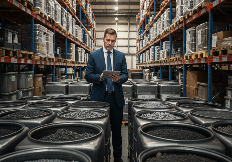 A serious-looking supply chain manager, dressed in professional business attire, stands amidst large, neatly stacked industrial containers and pallets of raw materials crucial for battery manufacturing, inside a brightly lit, modern logistics hub or warehouse. The containers, some appearing partially opened to reveal fine metallic powders or crystalline minerals, hint at valuable, specialized contents. The manager holds a tablet, reviewing inventory data with a pensive expression, conveying the global supply chain pressures and high costs associated with sourcing these essential battery components. The background shows organized rows of shelving extending into the distance, emphasizing the vast scale of operations. Editorial, wide-angle shot, natural industrial lighting.