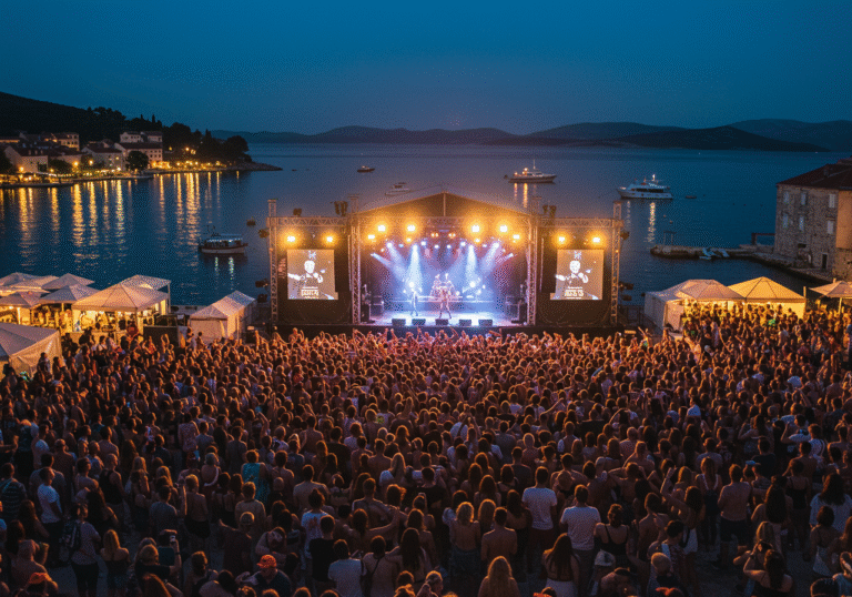 A vibrant outdoor music festival at night in Punat, Krk island, Croatia. An energetic crowd of attendees fills the space in front of a brightly lit main stage, with many dancing and cheering under dynamic stage lights. In the background, the serene Adriatic Sea reflects the summer night sky, with a boat party actively participating in the festivities on the water. The surrounding coastal town architecture of Punat is subtly visible, framing the lively scene.