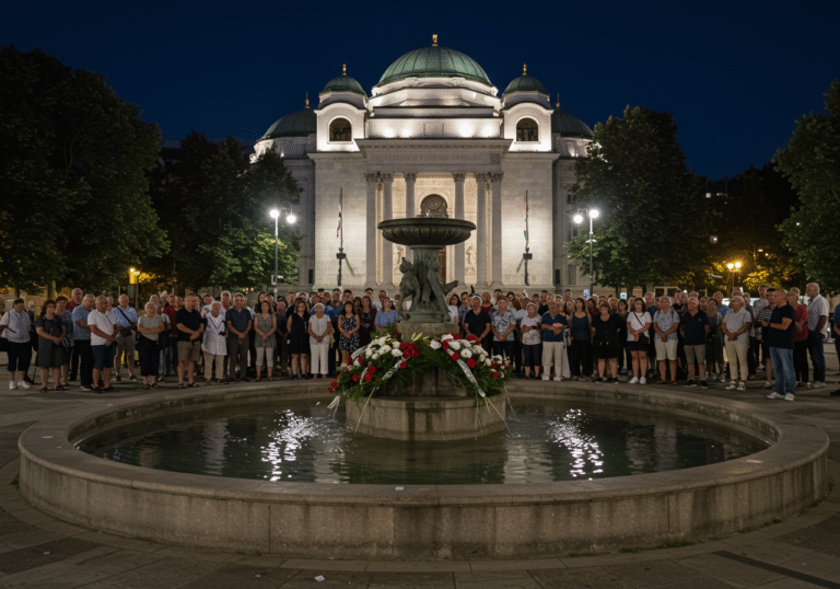 An emotional gathering of numerous citizens stands respectfully around the illuminated Terazije Fountain in central Belgrade, Serbia, at night on August 12, 2025. The historic fountain's water glistens under soft artificial light, surrounded by a crowd of people of various ages, many with solemn or pensive expressions. The iconic architecture of Belgrade's Terazije Square is visible in the background, subtly lit, creating a poignant and commemorative atmosphere as the community pays tribute to the Dedić family's musical legacy.
