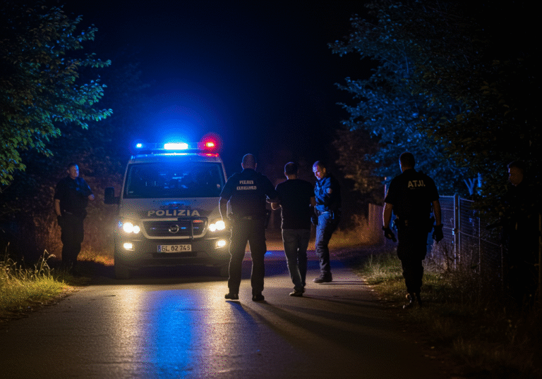 Croatian Antiteroristička jedinica Lučko (ATJ Lučko) officers in tactical uniforms and gear, illuminated by bright flashlights and the flashing blue and red lights of a police vehicle, apprehending a 44-year-old male suspect. The scene takes place late at night on August 1, 2025, in a quiet, dark rural street of Bereku village, Bjelovar-Bilogora County, Croatia, conveying a sense of tense, professional resolution.