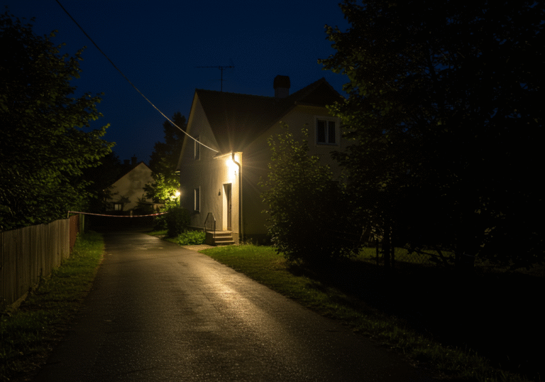 Exterior night scene of a quiet family house in Berek, a small Croatian village in Bjelovar-Bilogora County. It is late evening, around 10:37 PM, on August 1, 2025. The house is modestly lit from within, casting soft light onto the dark yard. The street leading to the house is dimly lit, creating a somber and still atmosphere that reflects the tragedy that has occurred in the community. The architecture is typical of a rural Croatian setting.