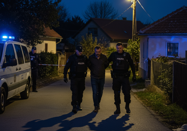 Early morning light breaking over rural Croatian houses in Berek, near Garešnica, as members of the Antiteroristička jedinica Lučko (ATJ Lučko) in full tactical gear apprehend a 44-year-old male suspect. One officer, wearing a dark tactical uniform, firmly holds the man by the arm, while another stands watch. The suspect has a somber, resigned expression. The scene is illuminated by the faint glow of police vehicle headlights and a few streetlights, casting long shadows. Traditional, modest single-story homes with tiled roofs are visible in the background, surrounded by sparse vegetation. The air is cool and still, reflecting the tense atmosphere after an overnight search.