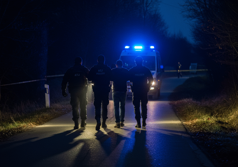 Antiteroristička jedinica Lučko (ATJ Lučko) officers, in full tactical gear, secure a 44-year-old man on a dimly lit rural road in Berek, near Garešnica, Croatia. It is the pre-dawn hours following an extensive night search. The officers' tactical flashlights cut through the darkness, illuminating the scene with strong contrasts and long shadows. A Croatian police vehicle is visible in the background, its subdued blue lights casting a faint glow. The atmosphere is tense and professional, capturing the resolution of a serious overnight manhunt in the quiet Croatian countryside.