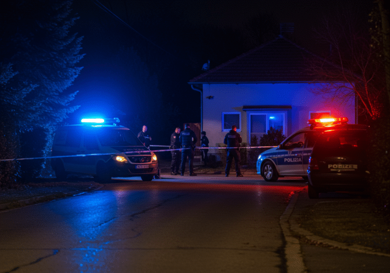 A somber late-night scene on a quiet residential street in Berek, near Bjelovar, Croatia. Blue and red flashing lights from multiple Croatian police patrol cars cast a glow on a modest, detached house. Yellow crime scene tape cordons off the area around the house, which shows subtle signs of disturbance. Several uniformed Croatian police officers are present, conducting their investigation under the dark sky. The air is still, conveying the gravity of a recent violent incident that has shaken the peaceful local community.