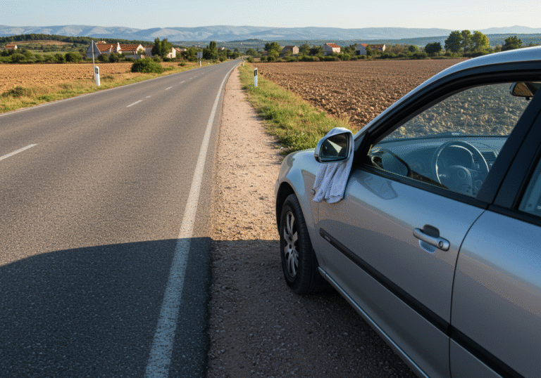 A silver European sedan is parked on the dusty asphalt shoulder of a rural two-lane road in Croatia, with a clean white cloth towel clearly visible, tied or draped over its passenger-side mirror. The car appears temporarily abandoned. The scene is illuminated by bright mid-afternoon sunlight, highlighting the road and the dry, green and brown Mediterranean landscape beyond. Rolling hills and scattered low trees line the background. The sky is clear blue. No people are in the frame, emphasizing the car's lone presence on the Croatian road.