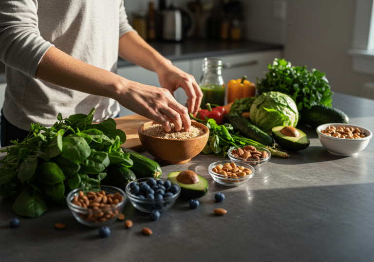 A calm individual, mid-preparation, interacts with a pristine display of fresh plant-based ingredients on a contemporary kitchen counter. Sunlight streams into the room, illuminating a vibrant array of green leafy vegetables, colorful berries, whole grains in an earthy bowl, and a scattering of various nuts, all arranged meticulously to convey a focus on wholesome nutrition and a healthy lifestyle.
