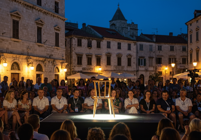 An empty, prominent chair sits illuminated on a stage during an evening film festival opening ceremony. The scene is set in Trg Republike Hrvatske, Šibenik, Croatia, on August 9, 2025. In the foreground, a diverse audience of local attendees shows visible expressions of disappointment and frustration. The background features the historic stone architecture of Šibenik under the twilight sky, subtly lit for the event.