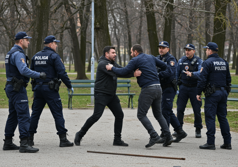 Daytime, natural light, in Borik Park, Bjelovar, Croatia. Two men, one appearing around 32 years old and the other 30, are engaged in a physical altercation, exchanging punches and kicks. A metal rod lies on the ground nearby. Several uniformed Croatian police officers are actively intervening, in the process of separating the men. The background features mature trees and park benches, typical of a public green space in central Croatia.
