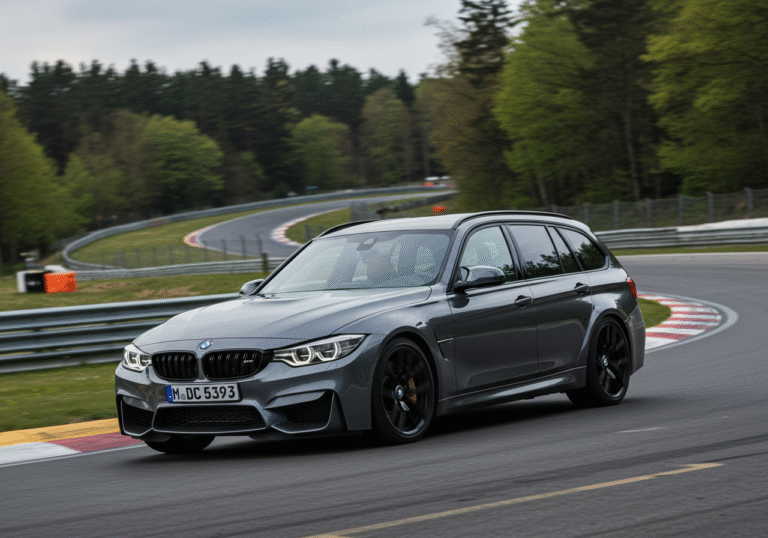 A dynamic, low-angle shot of a BMW M3 CS Touring, a high-performance station wagon, cornering at high speed on the Nürburgring-Nordschleife circuit in Germany. The professional driver, Jörg Weidinger, is visible through the windshield, focused on the track. The surrounding environment, characteristic of the 'Green Hell' in spring, features dense green trees and asphalt winding through rolling hills under a muted, overcast sky. The image conveys the intense motion of a record-breaking lap.