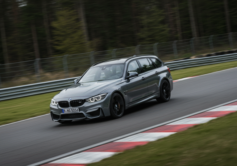 A telephoto shot of the BMW M3 CS Touring, a high-performance sports wagon, rounding a fast corner on the Nürburgring Nordschleife circuit in Germany. The car's body is slightly leaning into the turn, with its wheels angled, conveying speed and precision. Jörg Weidinger, the BMW M development engineer, is visible through the driver's side window, his face showing intense concentration as he pilots the vehicle. The asphalt track surface is well-defined in the foreground, leading into the blur of the iconic green Eifel forest and distant safety barriers that line the 'Green Hell'. Natural, diffused daylight from an overcast April sky illuminates the scene, highlighting the car's aggressive design and capturing the essence of its record-breaking performance.
