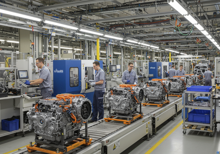 An editorial photograph taken inside the modern, brightly lit BMW plant in Steyr, Austria, showcasing a state-of-the-art assembly line with several Gen6 electric motors prominently displayed at various stages of production. A group of professional factory workers and engineers, dressed in clean industrial workwear and safety glasses, are actively engaged in their tasks, some operating machinery, others meticulously inspecting components. The high-tech industrial environment is pristine, reflecting precision manufacturing and a significant new production focus.
