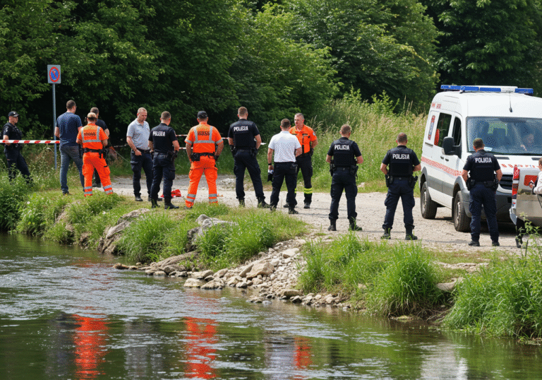 A somber scene near the Pakra River in the rural village of Piljenice, Lipovljani, Croatia, under bright midday sunlight on August 15, 2025. Uniformed Croatian police officers and members of the Croatian Mountain Rescue Service (HGSS) are present along the riverbank, some standing, some observing the flowing water or conversing quietly. The surrounding landscape is green and natural, reflecting the solemn atmosphere of a tragic discovery in a secluded area.