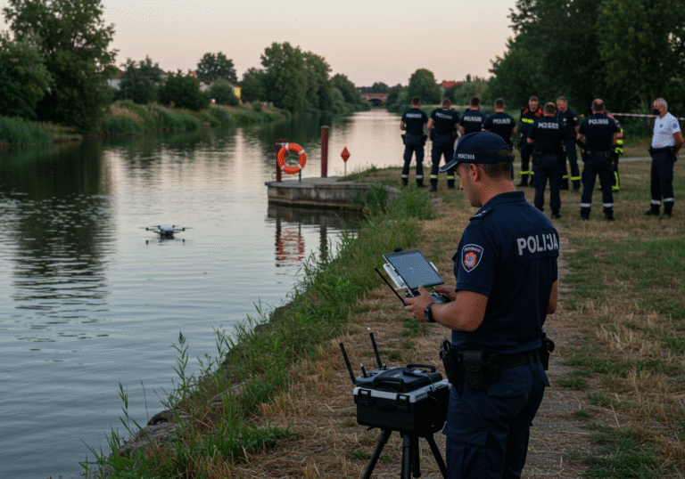 Late afternoon, August 12, 2025, by the derivation canal in Dobravski Fljojs, Donja Dubrava, Međimurje County, Croatia. A Croatian police officer from the Međimurje Police Department operates a drone's remote control, intensely focused on a screen displaying a location on the water. Nearby, other Croatian Intervention Police officers, HGSS Čakovec personnel, and firefighters in their uniforms stand solemnly on the canal bank. The calm water of the canal reflects the soft, late afternoon light. A small buoy house belonging to a nautical club is visible along the water's edge in the background. The overall mood is somber, reflecting the conclusion of a search operation.