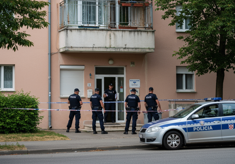 A wide shot of uniformed Croatian police officers from Vukovar-Srijem County securing the entrance of a residential apartment building at Ulica Alojzija Stepinca 52 in Vinkovci, Croatia, on a sunny August afternoon. A marked Croatian police patrol car is parked on the street nearby. The scene is somber and quiet, reflecting an ongoing investigation.