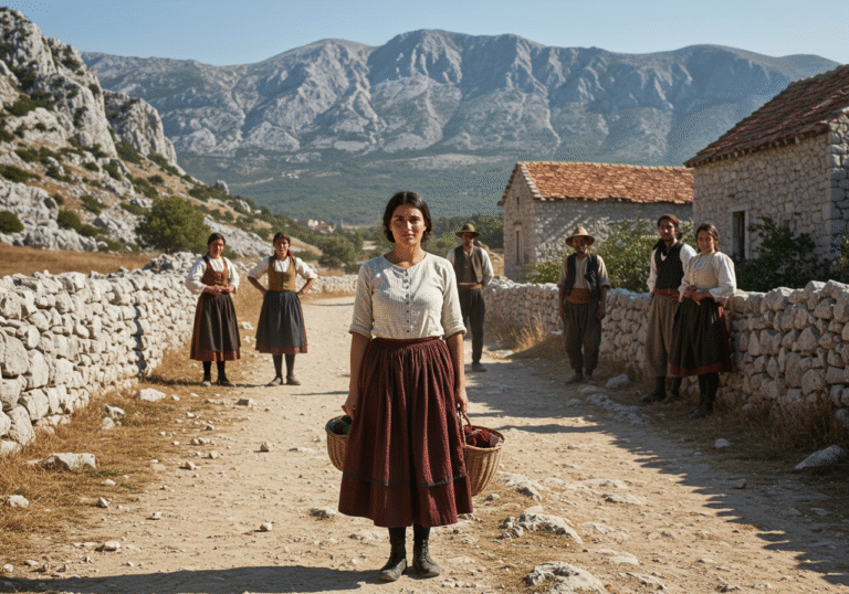 Early 20th century in Dalmatinska zagora, Croatia. A Chilean woman, Teresa, with a composed yet independent expression, stands on a sun-drenched, dusty path. In the background, the rugged, rocky terrain of the Dinaric Alps rises, with the Svilaja mountain visible near Knin. Several local Croatian villagers, dressed in traditional early 20th-century rural attire, watch her from a distance, their faces showing a mixture of curiosity and suspicion. The scene is illuminated by clear, bright daylight, characteristic of a warm, dry afternoon in the Croatian interior.
