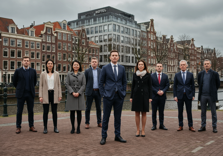 A diverse group of European hotel owners and representatives, dressed in business attire, stands determinedly on a street in Amsterdam. They are gathered in front of a modern corporate building, with the distinctive architecture of Amsterdam, including canal houses, visible in the background under an overcast sky. Their expressions convey seriousness and purpose, reflecting the pan-European legal action against a major online travel agency.