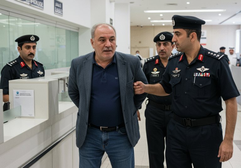 A 59-year-old Croatian citizen, Branko Salapić, is being apprehended by two uniformed Dubai Police officers inside a modern, well-lit government building in Dubai. Salapić, dressed in smart casual attire, appears surprised and slightly resigned as one officer firmly grasps his arm while the other observes. The scene takes place at a sleek, minimalist counter, typical of an immigration or visa processing office, under bright, clear daylight filtering through large windows. The atmosphere is tense but orderly, capturing the moment of a significant international arrest during a routine procedure.