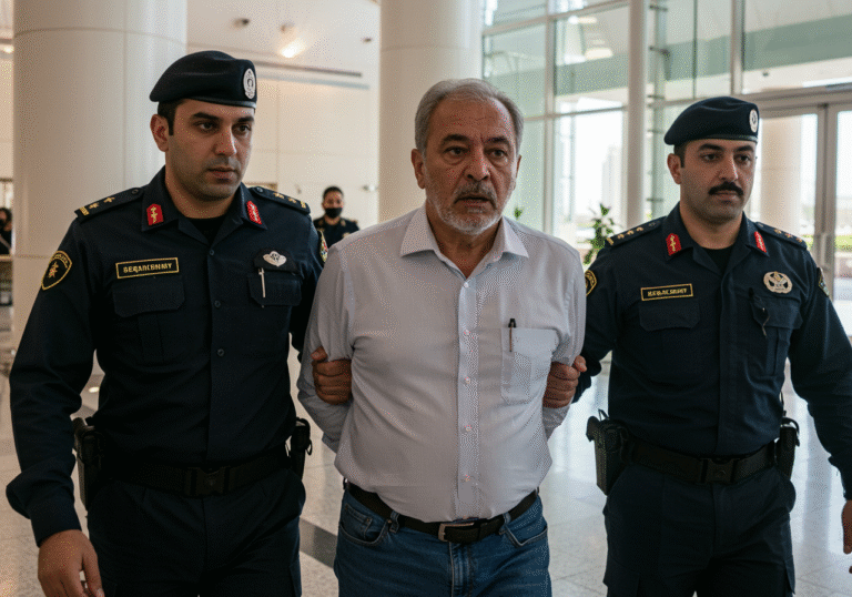 A 59-year-old Croatian man, Branko Salapić, is being escorted by two plainclothes security officers inside a modern, well-lit government building in Dubai. He looks surprised and slightly bewildered, with his hands behind his back, suggesting handcuffs. The background features sleek, contemporary architecture and large windows revealing a bright, sunny August day outside. The atmosphere is professional and controlled, capturing the moment of an unexpected arrest.