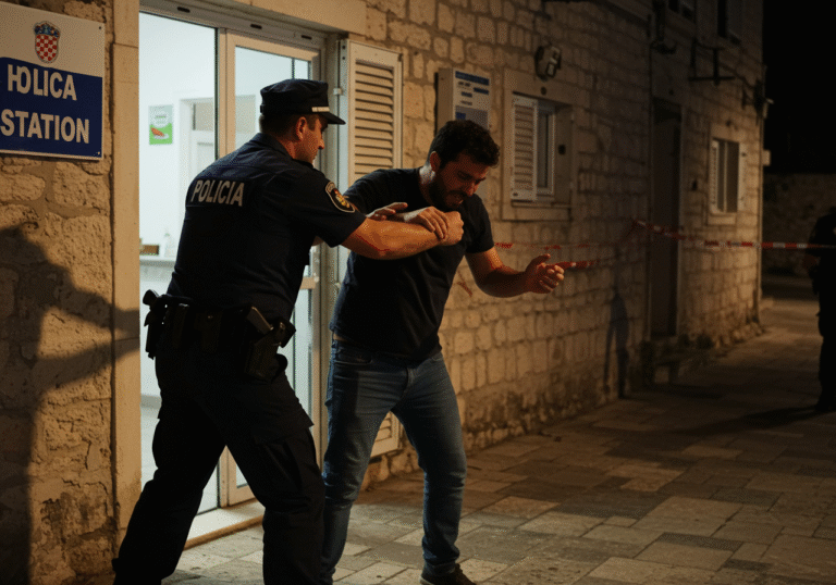 Predawn light illuminates the street outside the Hvar Police Station in Hvar, Croatia. A 34-year-old Brazilian national, visibly agitated, actively struggles against a uniformed Croatian police officer, who is attempting to subdue him. Their hands are engaged in a tense struggle on the pavement near the station's entrance. The scene is charged with the effort of resistance and control in the early morning hours.