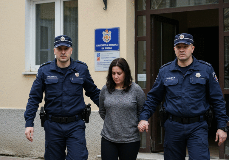 A 36-year-old Brazilian woman, looking subdued, is escorted by two uniformed Croatian police officers out of a building in Karlovac, Croatia, on a bright, clear day. She is dressed in simple, everyday attire. The architecture of the building and surrounding area is typical Central European urban style, conveying the setting of Karlovac. The scene has natural, sharp daylight, resembling an authentic news photograph capturing a legal proceeding.